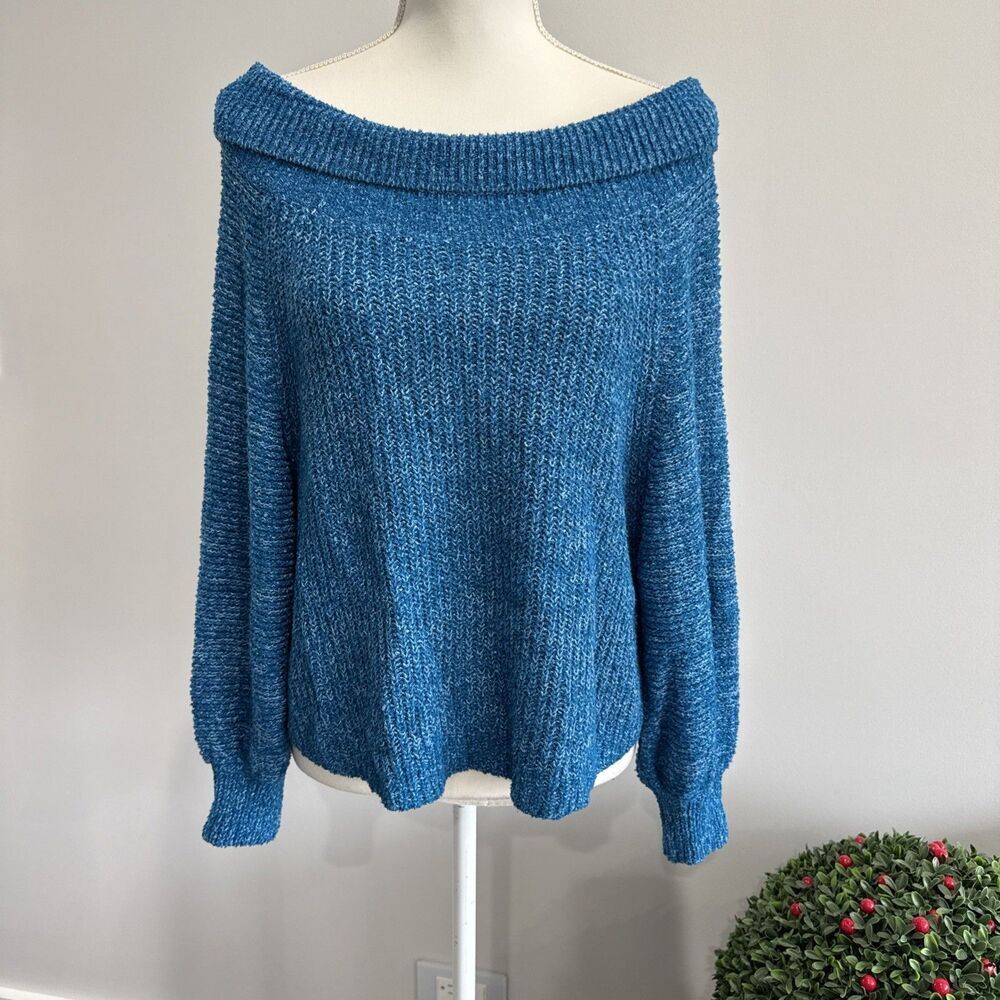 Free People Edessa Off The Shoulder Sweater XS Blue Long Sleeve Stretch Knit